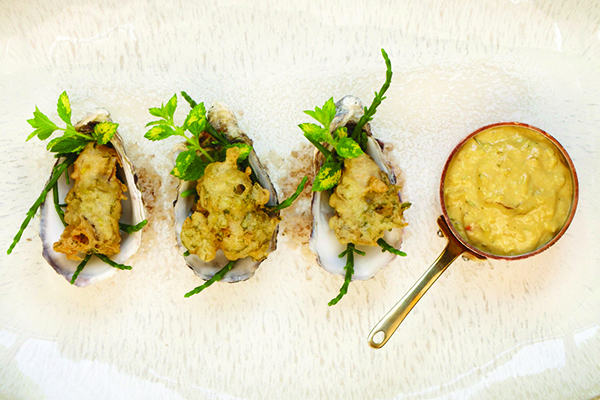 Two Chefs ale battered oyster and lemon balm fritters with brown crab mayonnaise